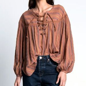 One Teaspoon Desert Stripe Tunic Top Size S Brown Peasant Boho Balloon Sleeve